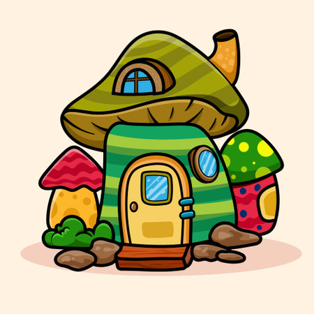 Whimsical Mushroom House Fairy cartoon of fantasy landscape with cute tale or game home for coloring pages, tshirt and educationのイラスト素材