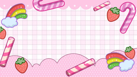 Sweet pink candy-themed background with clouds and lollipops, cute pastel digital illustration for dessert designs, kids decor, and packaging.のイラスト素材