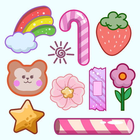 Adorable cartoon stickers with rainbow, stars, and cute icons, pastel design for childrens decoration, planner, and learning tools.のイラスト素材