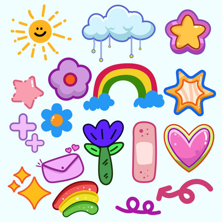 Pastel rainbow with stars, hearts, and flowers, adorable cartoon vector for childrens wallpaper, baby decor, or digital design projectsのイラスト素材