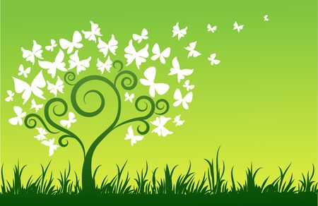 Green background with tree and white butterfliesのイラスト素材