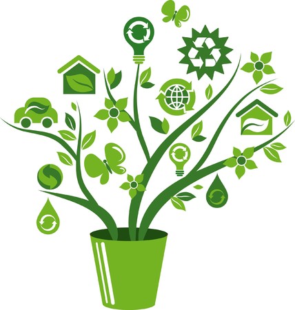 Green tree with many ecological icons and logosのイラスト素材