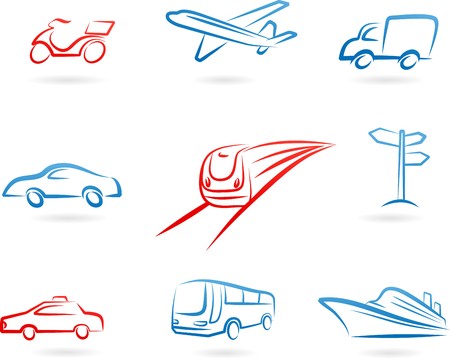 Collection of line-art transportation icons and logosのイラスト素材