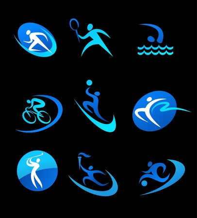 Blue sport icons on black backgroundのイラスト素材
