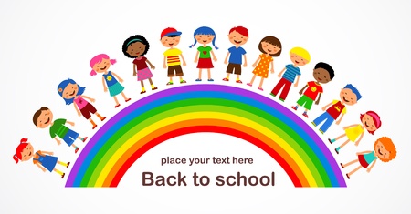 rainbow with kids, colorful illustrationのイラスト素材