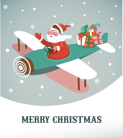 Christmas background with retro airplane and Santa のイラスト素材