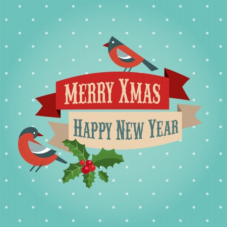 Christmas background with birds and holly leafs のイラスト素材