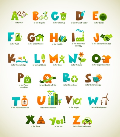 Ecology green alphabet with collection of vector elementsのイラスト素材