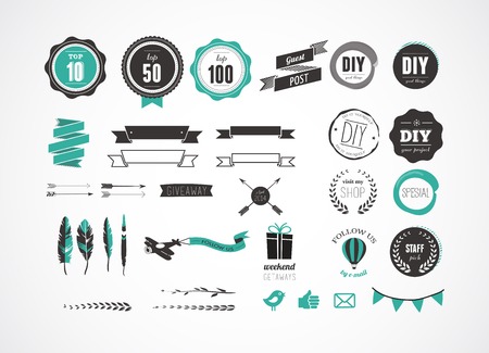 Set of retro vintage badges, feathers, blog elements and labels, icons and ribbonsのイラスト素材