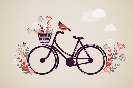 Vintage Retro Bicycle with flowers and birdのイラスト素材