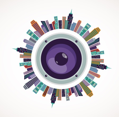 Music and city - amplifier and buildings landscape backgroundの写真素材