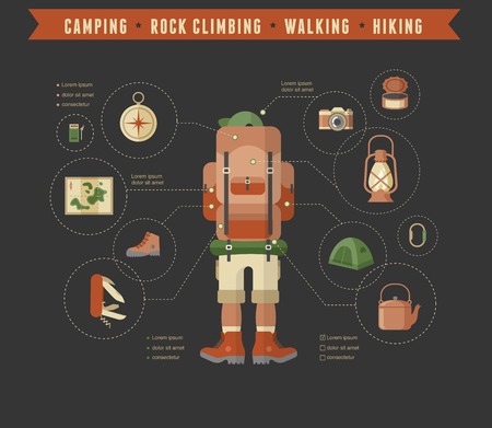 Hiking and camping equipment  - icon set and infographicsのイラスト素材