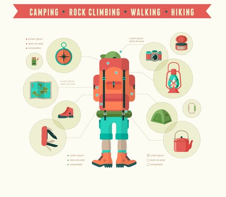 Hiking and camping equipment  - icon set and infographicsのイラスト素材