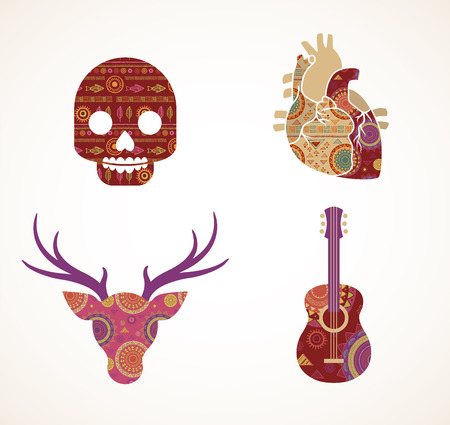 Collection of patterned Bohemian, Tribal objects, elements and iconsのイラスト素材