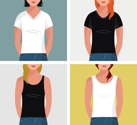 Girls with t-shirts, vector flat mock up, template setのイラスト素材
