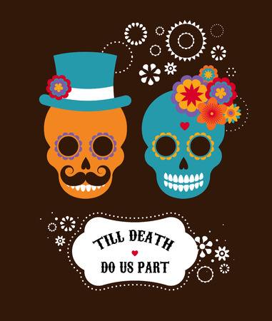 Mexican wedding invitation with two cute hipster skullsのイラスト素材