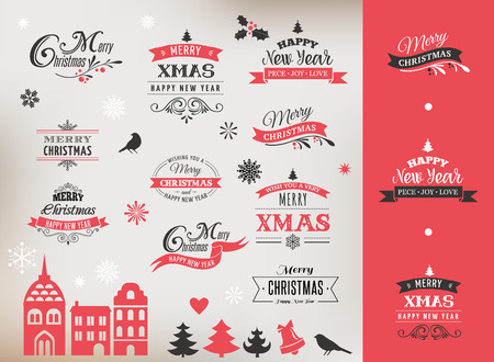 Christmas design collection, Set of lettering and typographic elements, icons, vintage labels. . Ribbons, xmas village and stickersのイラスト素材
