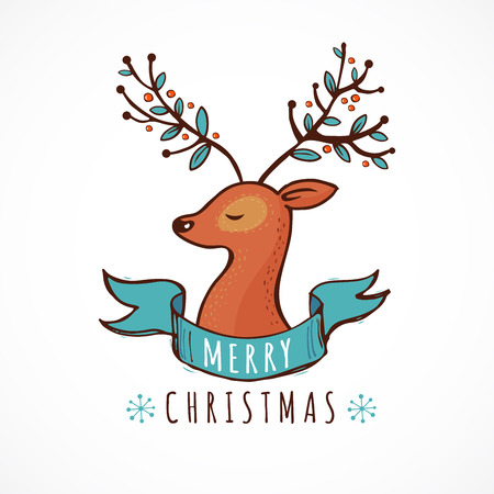 Christmas background and greeting card with a cute deer illustrationのイラスト素材