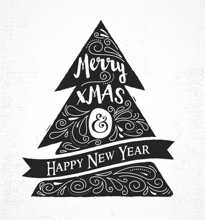 Chalkboard, Vintage style, Christmas Tree with typography and letteringのイラスト素材