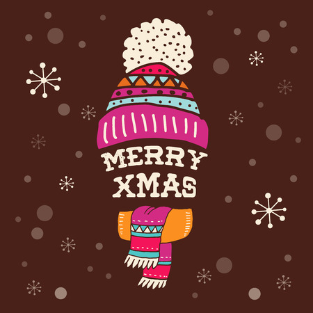 Merry Christmas - warm knitted hat with lettering. Greeting cardのイラスト素材