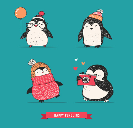 Cute hand drawn, vector penguins set - Merry Christmas greetingsのイラスト素材