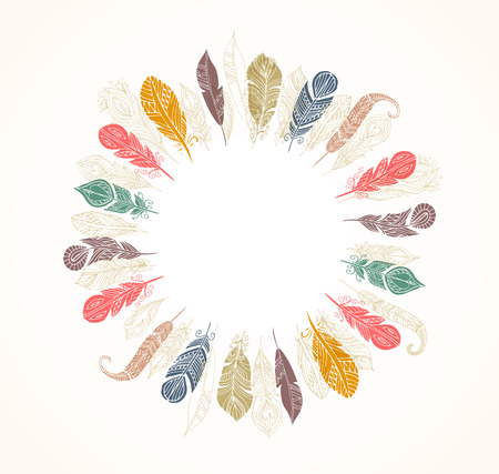 Hand drawn bohemian, tribal, ethnic and indian colorful feathers circle backgroundのイラスト素材