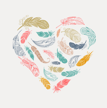 Bohemian style poster with gypsy colorful feathers, arranged in heart designのイラスト素材