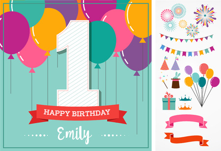 Happy Birthday one, greeting card with party elements and iconsのイラスト素材