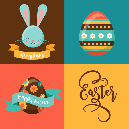 Colorful Happy Easter greeting card with rabbit, bunny, eggs and banners, tags, labelsのイラスト素材