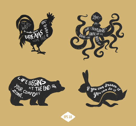 Wild animals silhouettes - bear, octopus, rabbit and rooster with lettering quots vector illustrationのイラスト素材