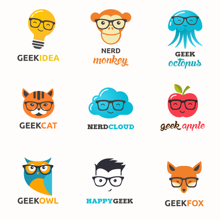 Geek, nerd, smart hipster icons - animals, cloud, boy, man and foxのイラスト素材