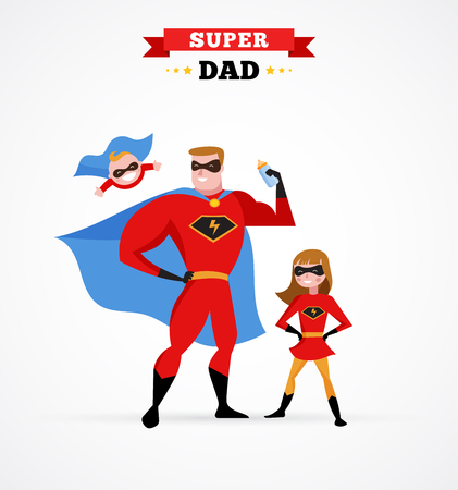 Super daddy make fun in superhero costume with kidsのイラスト素材