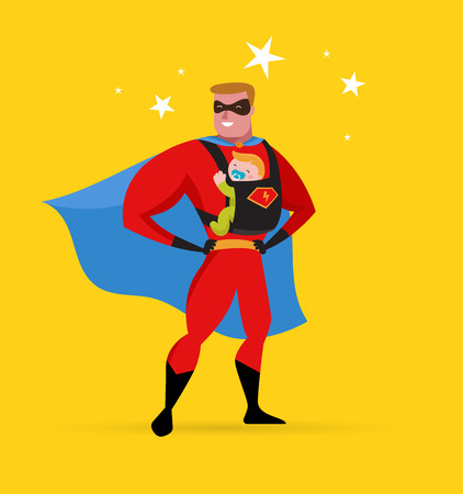 Super daddy make fun in superhero costume with baby carrierのイラスト素材