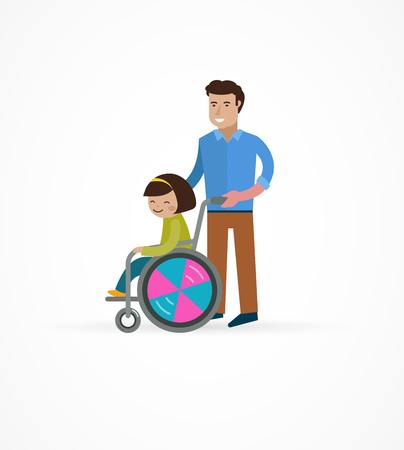 disabled child in a wheelchair with parent, vector illustrationのイラスト素材