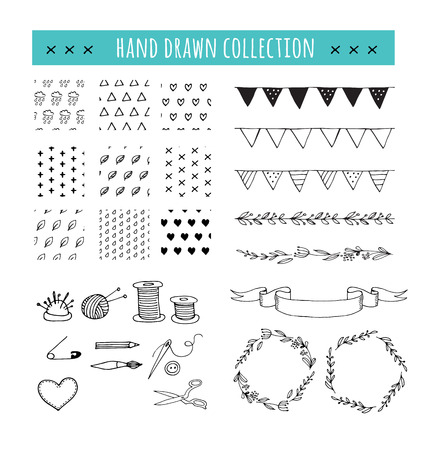 Handmade, crafts workshop icons and patterns. Hand drawn vector illustrationsのイラスト素材