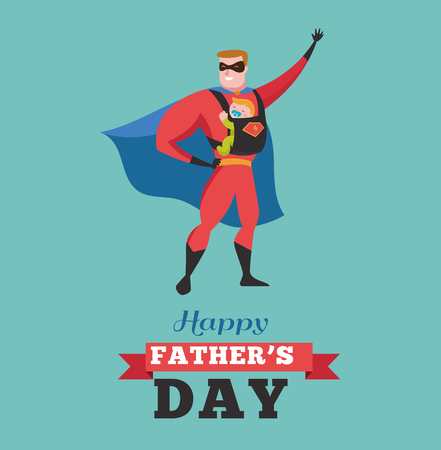 Happy fathers day - super dad with baby, greeting cardのイラスト素材