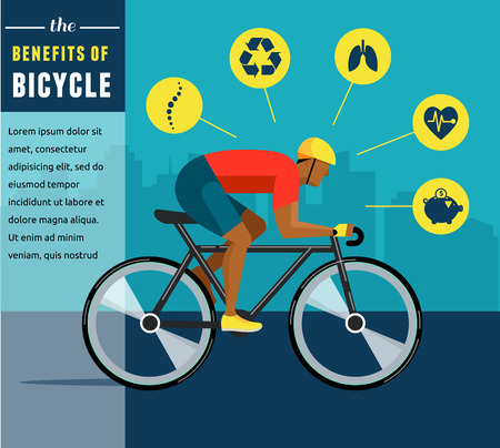 cyclist riding on bicycle, vector infographics, poster, icon setのイラスト素材