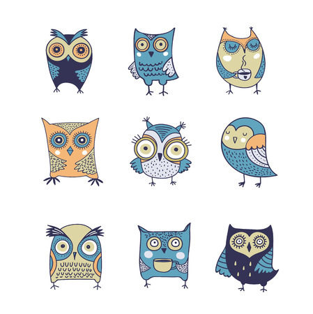 Cute, hand drawn owl vector watercolor illustrationsのイラスト素材