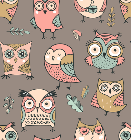 Cute, hand drawn owl vector seamless pattern. watercolor illustrationsのイラスト素材