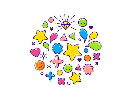 Outline modern colorful background with line, happy icons, stars, hearts, diamondのイラスト素材