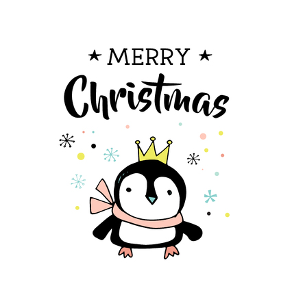 Merry Christmas hand drawn cute doodle, illustration and greeting cards with penguin. Lettering, typographyのイラスト素材