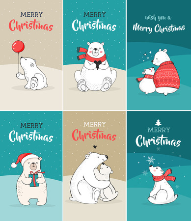 Merry Christmas greetings with bears. Hand drawn polar bear, cute bear set, mother and baby bears, couple of bearsのイラスト素材