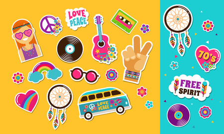 Hippie, bohemian stickers, pins, art fashion chic patches, pins, badges and iconsのイラスト素材