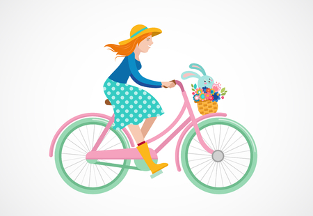 Happy Easter greeting card, poster, with cute, sweet bunny sitting on the bicycle basketのイラスト素材