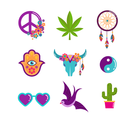 Hippie, boho design with icons set, stickers, pins, art fashion chic patches and badges.のイラスト素材