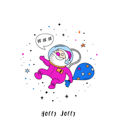 Merry Christmas - Cosmic Xmas, space winter illustrations, Santa, Penguin, Deer, Fox and space shipのイラスト素材