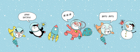 Merry Christmas - Cosmic Xmas, space winter illustrations, Santa, Penguin, Deer, Fox and space shipのイラスト素材