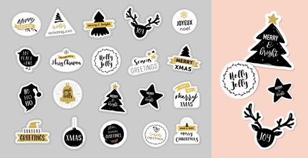 Christmas winter stickers set, labels, tags, design elements and patches with letteringのイラスト素材