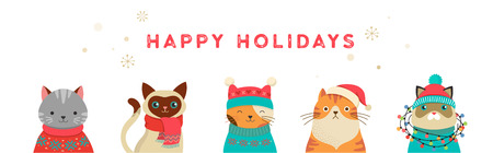 Collection of Christmas cats, Merry Christmas illustrations of cute cats with accessories like a knited hats, sweaters, scarfsのイラスト素材