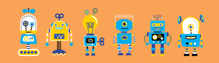 Set of cute vintage robots, banner with robot toys collectionのイラスト素材